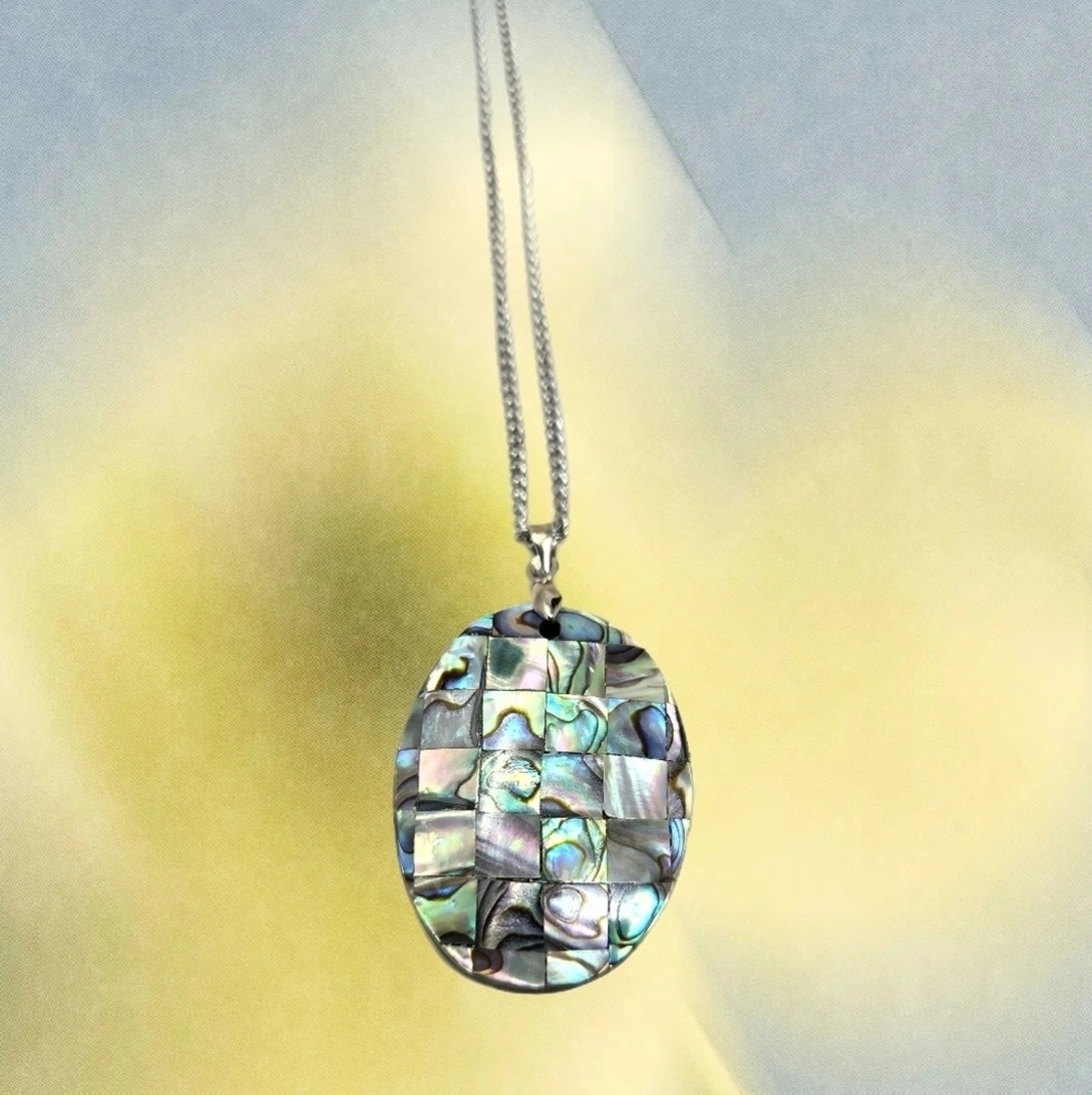 Abalone Shell Patchwork  Pendant 18kcp With Silver Tone Chain Oval Colorful